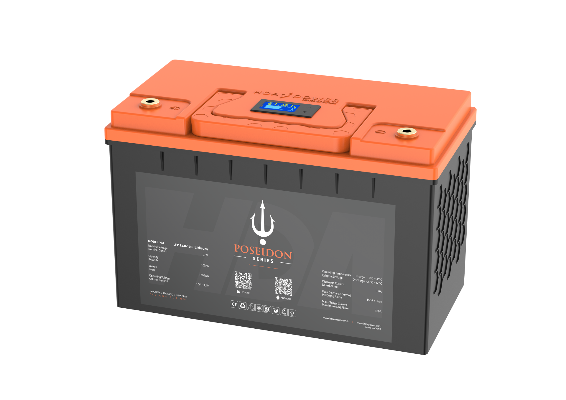 Poseidon Serisi 12.8v 100Ah Lityum LiFePO4 Akü